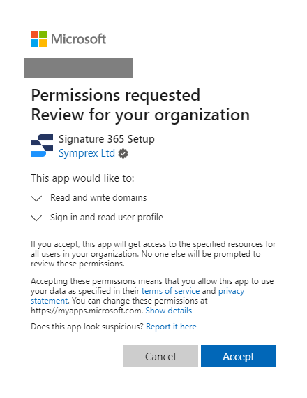 Microsoft permissions dialog requesting Exchange Online domain read/write access for Signature 365 Setup