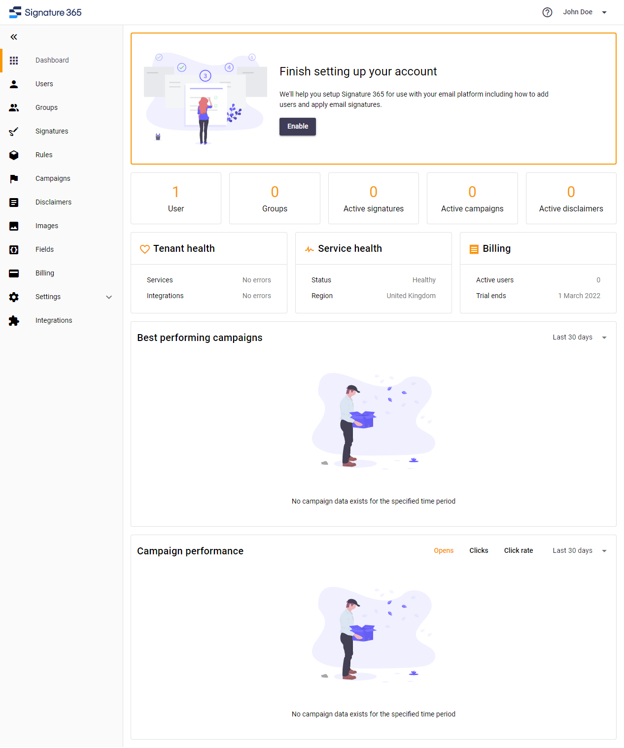 Signature 365 dashboard displayed after a new account is created