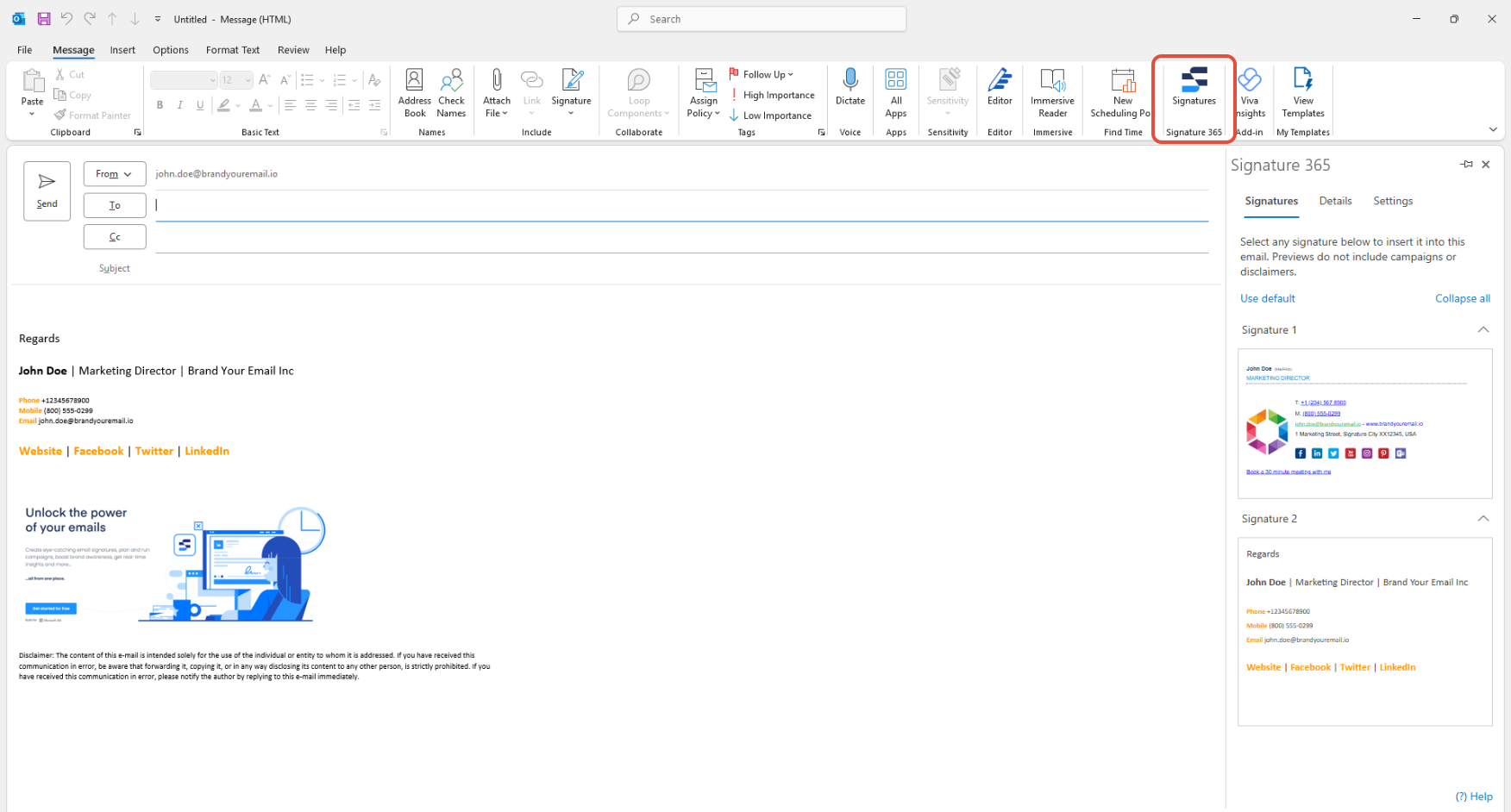 Signature 365 task pane open on the right side of the Outlook Classic compose window