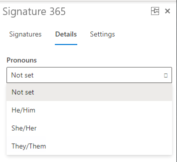 Signature 365 task pane Details tab showing editable signature fields