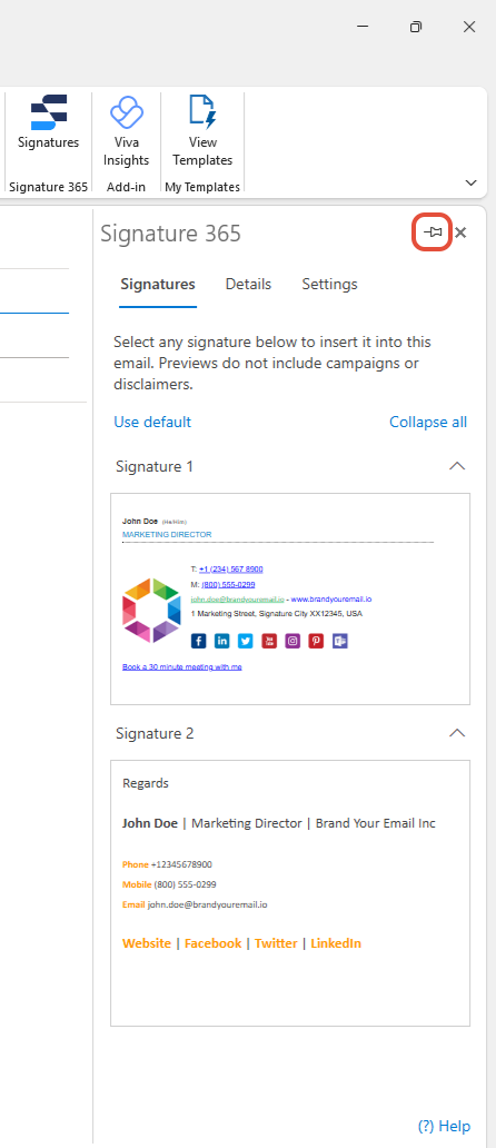 Signature 365 task pane with the Pin button highlighted to keep it open for all new messages