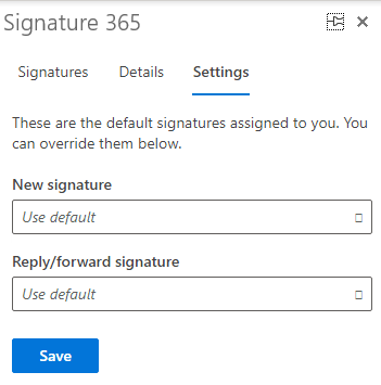 Signature 365 task pane Settings tab with default signature dropdown and save button