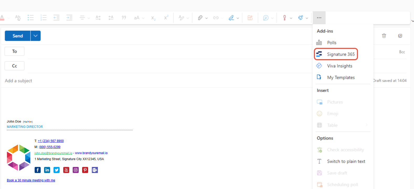 Signature 365 button location option 2 in the Outlook Web Access toolbar