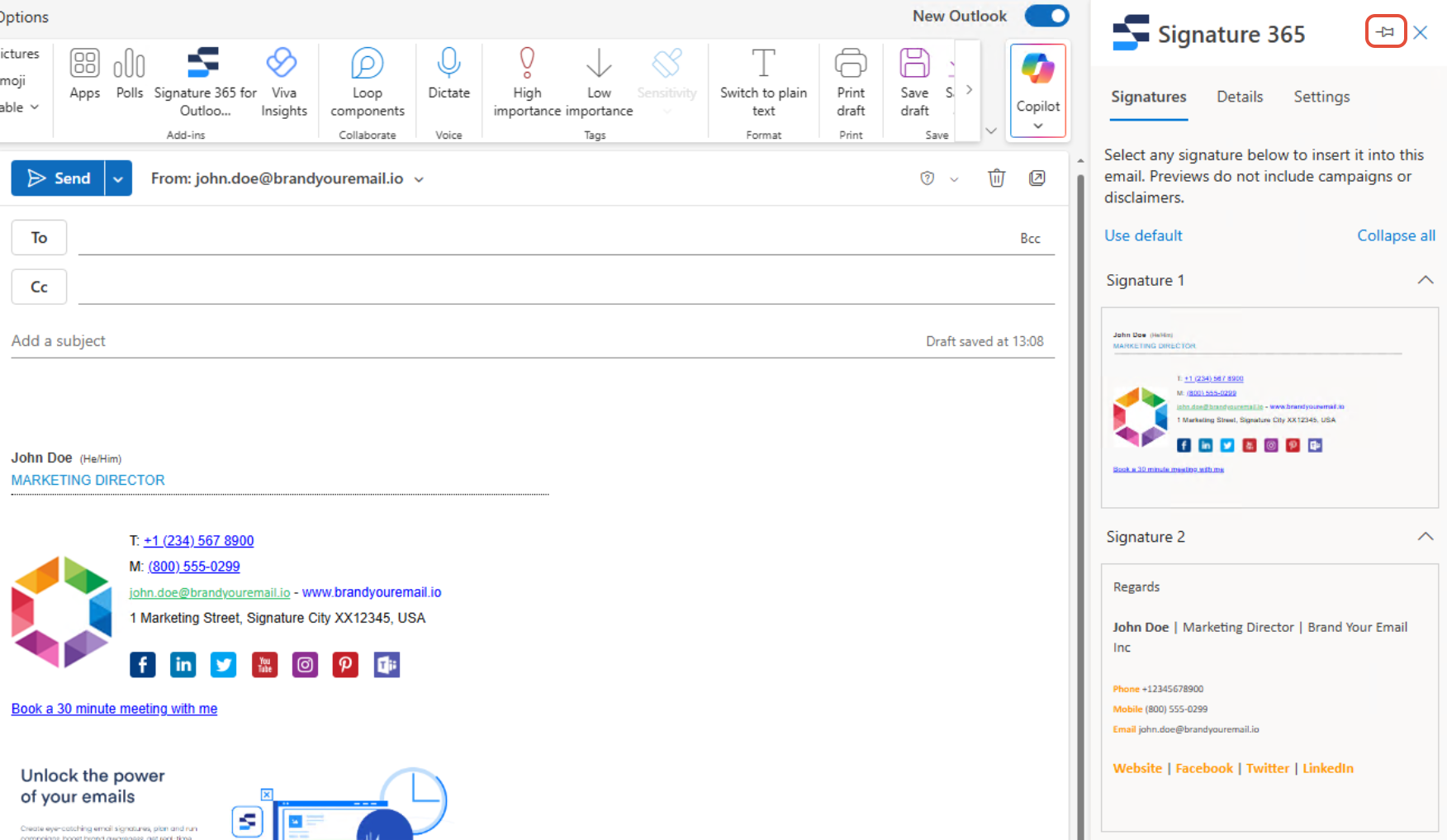 Signature 365 task pane Pin button in Outlook Web Access to keep it open for new messages