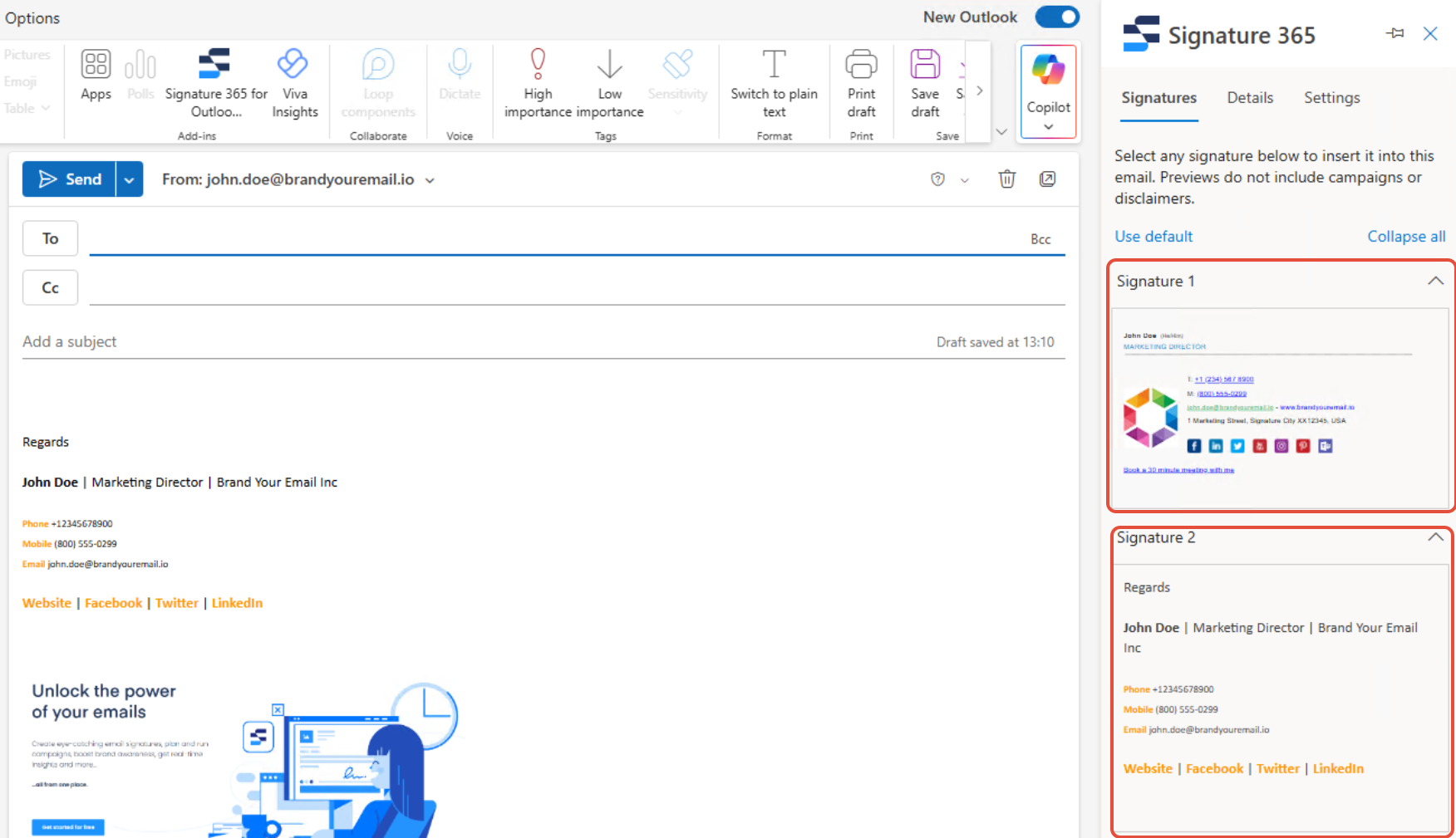 Signature 365 task pane in OWA showing multiple signature previews for selection