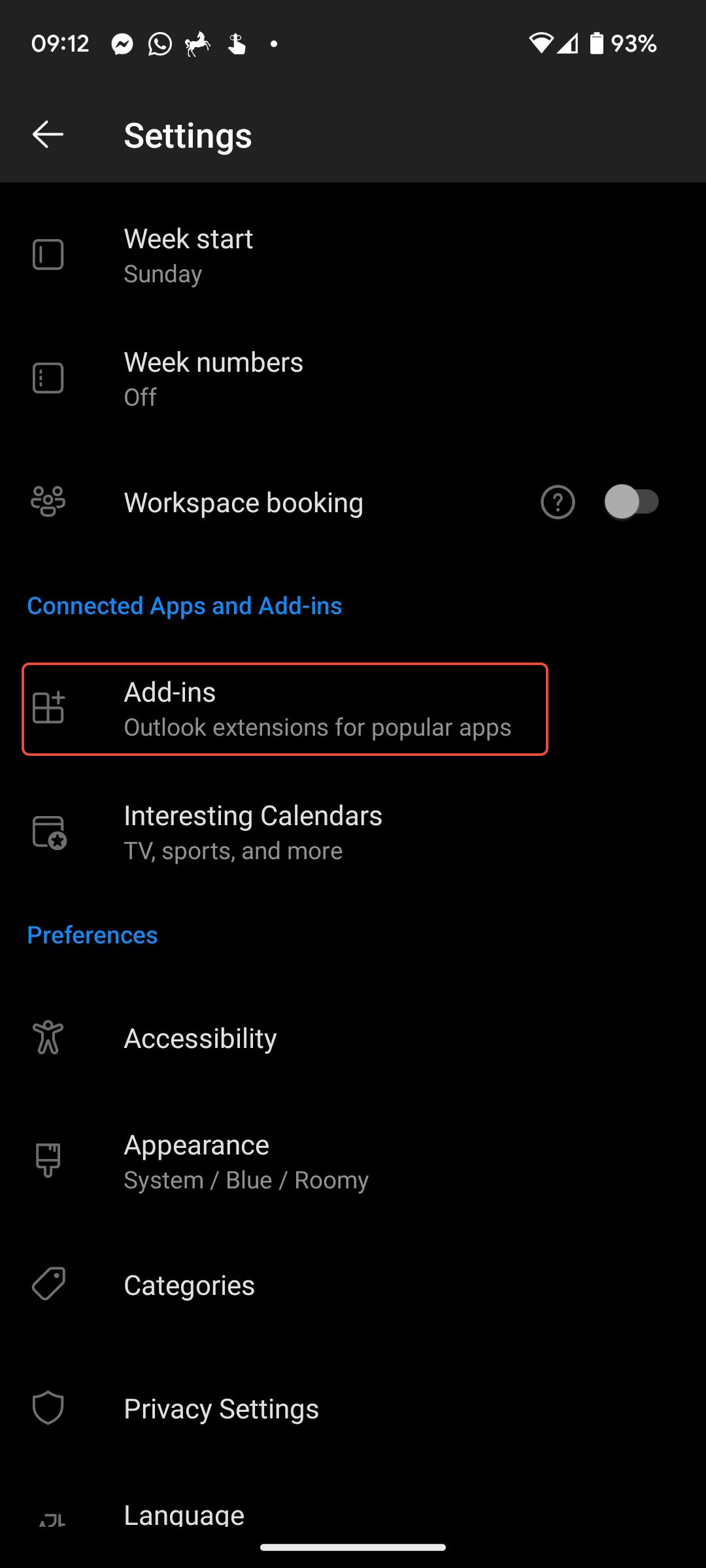 Outlook mobile settings Add-ins menu option