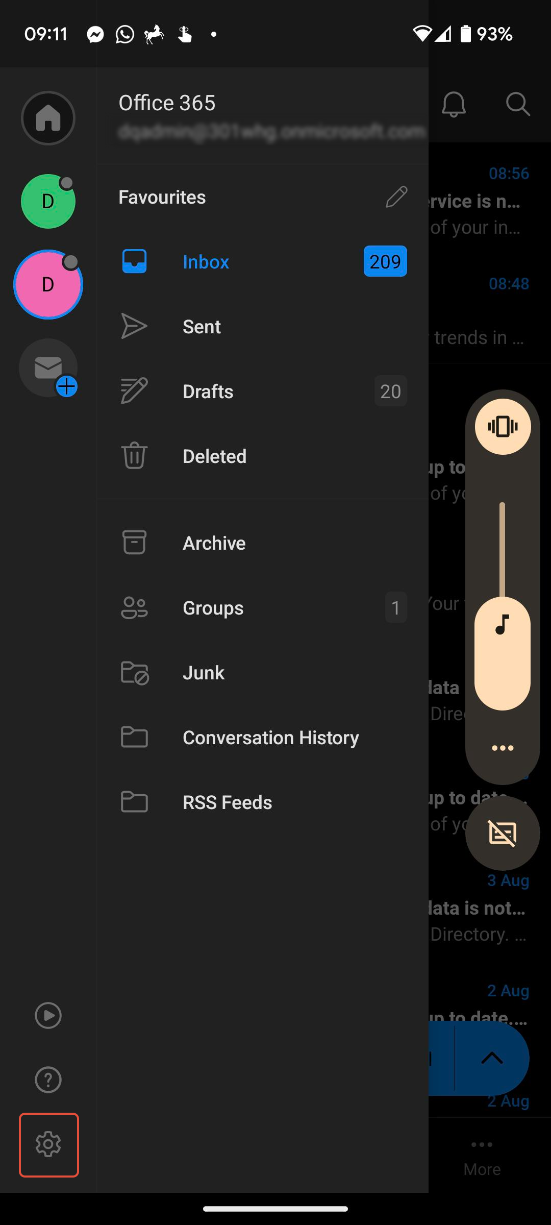 Outlook mobile app settings gear icon in bottom left menu