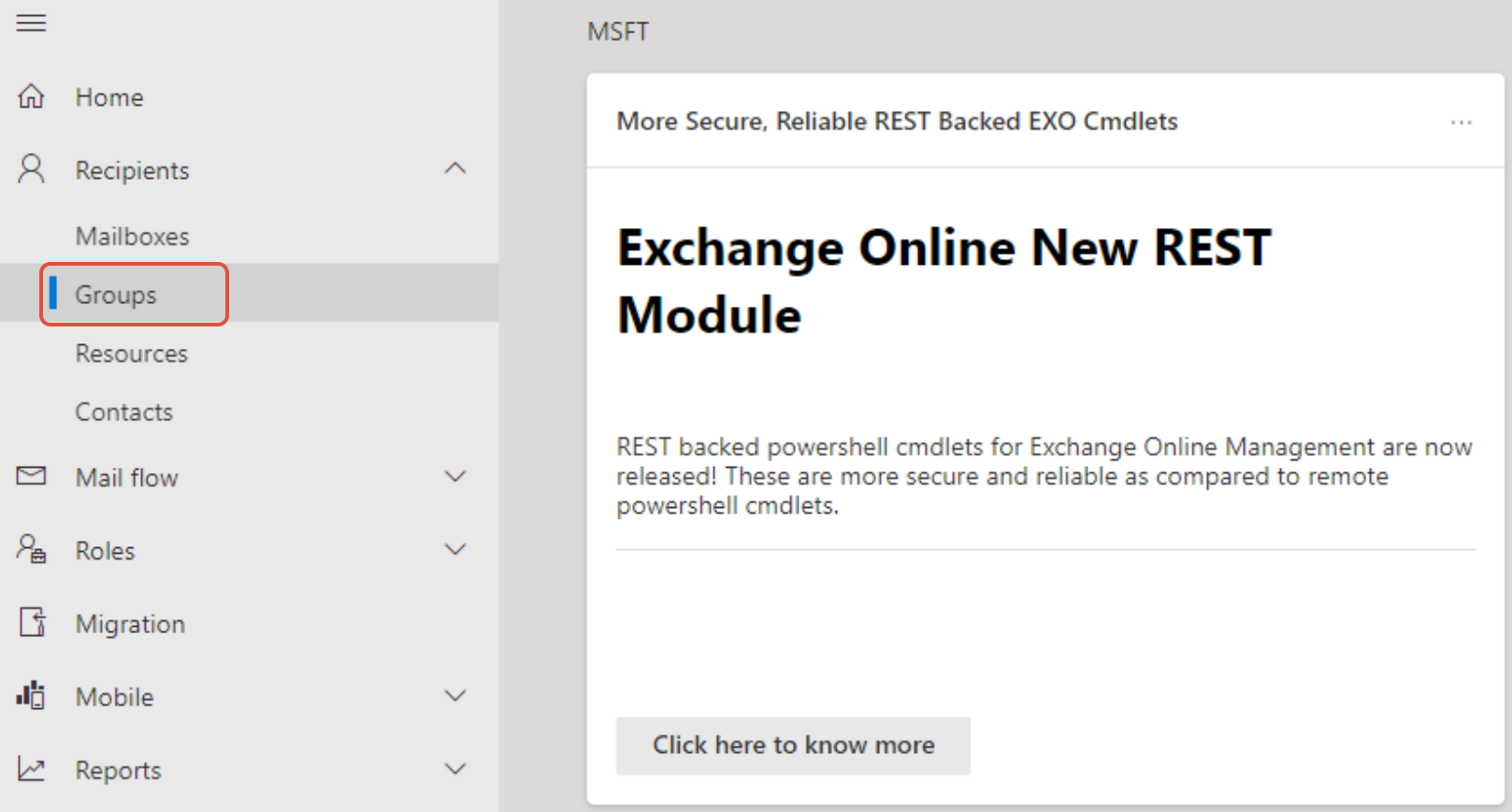 Exchange Admin Center Groups menu item selected