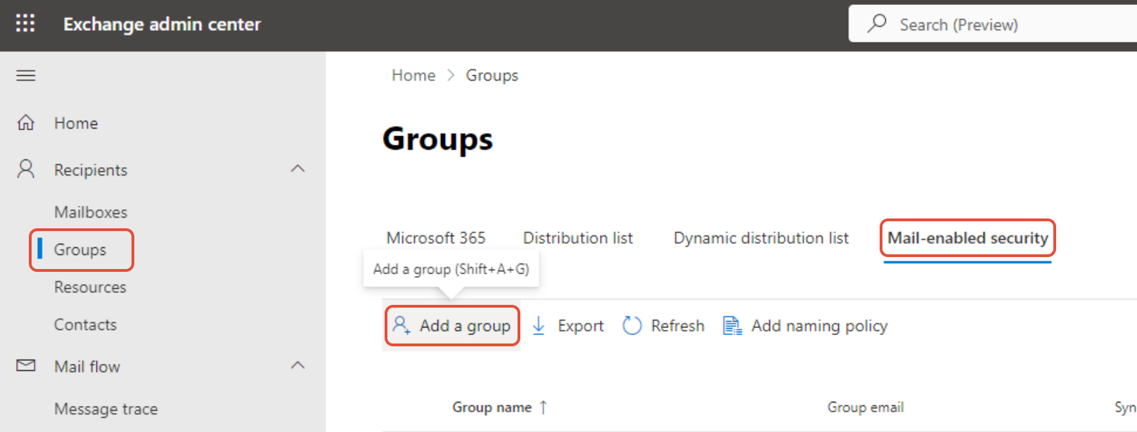 Mail-enabled Security Groups tab with Add a group button