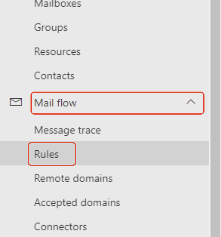 Mail flow dropdown with Rules option in Exchange Admin Center