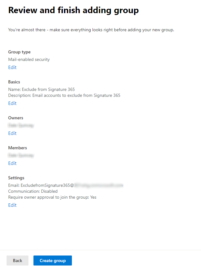 Review settings before creating the new security group
