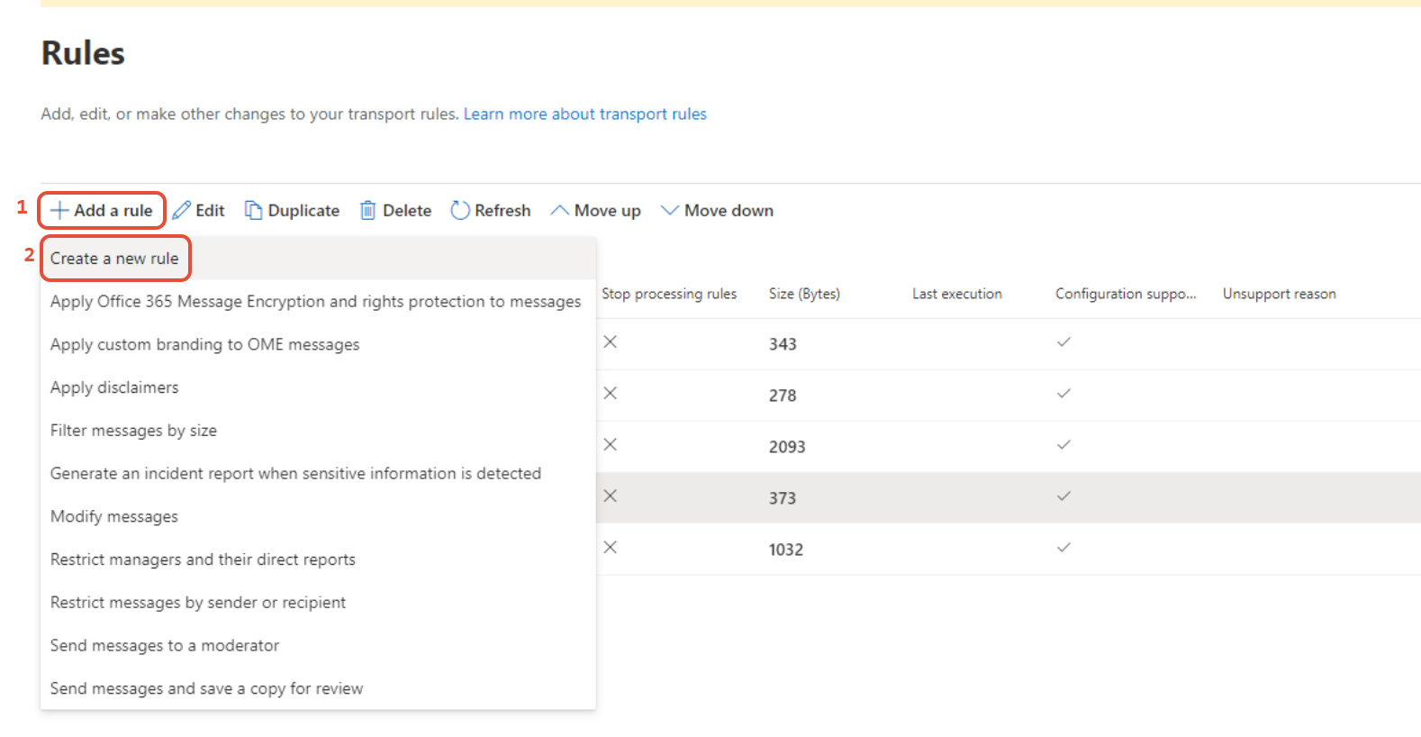 Exchange admin center transport rules page with Add a rule option