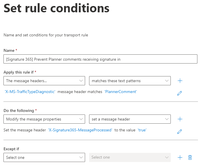 Mail flow rule configured to exclude Planner comment emails from signature injection