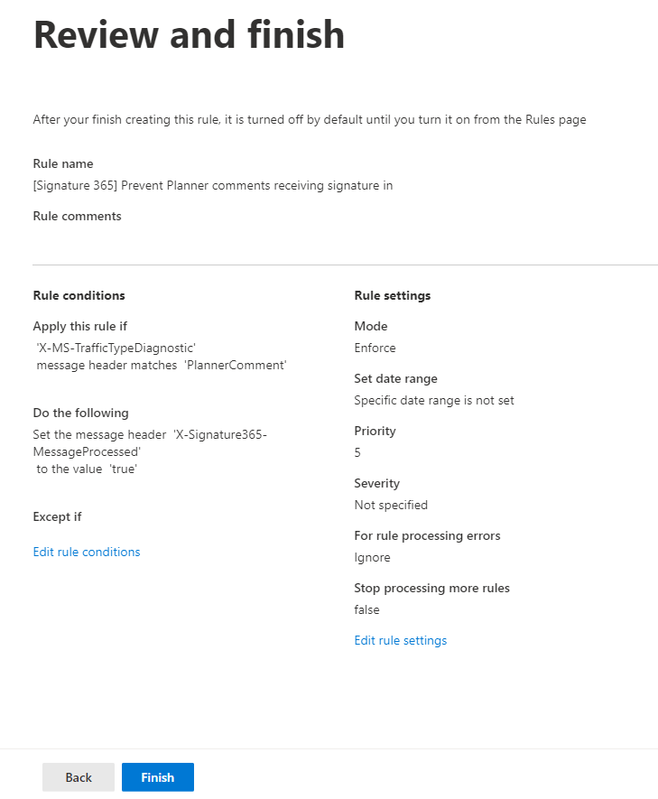 Review and finish screen for new mail flow rule