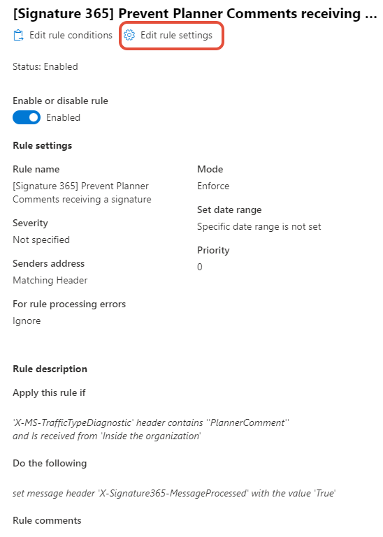 Transport rule selected with Edit rule settings option