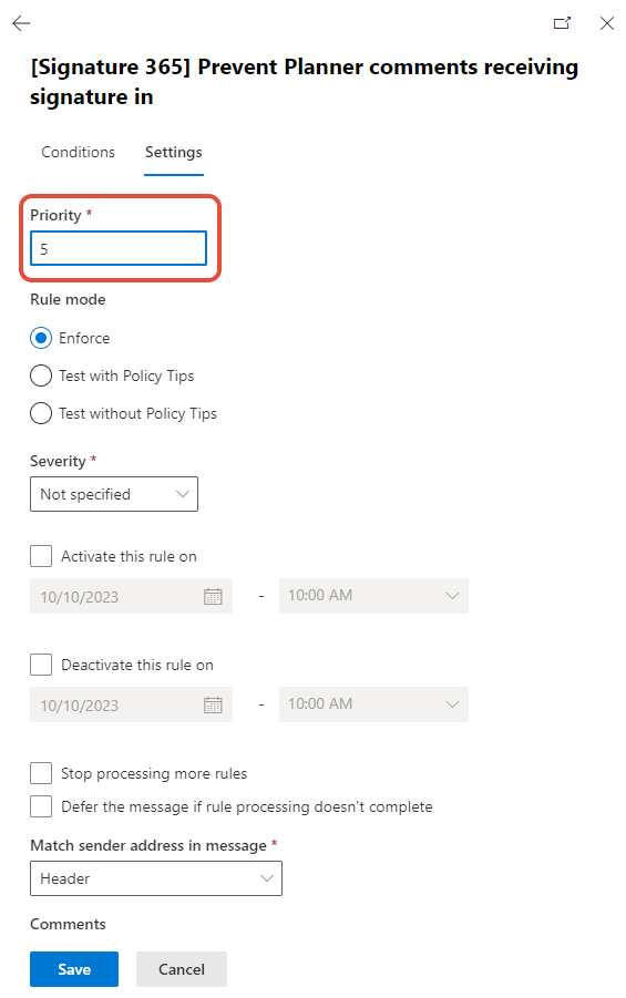 Rule priority setting with Save button