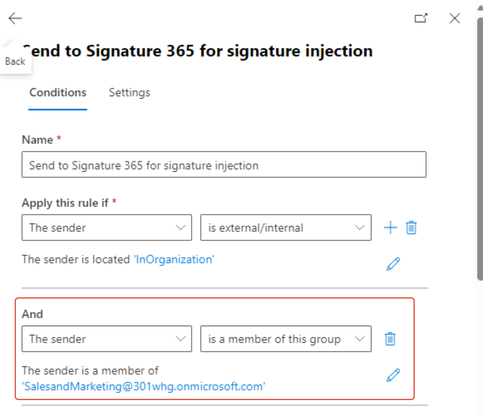 Rule Conditions tab showing sender group membership condition