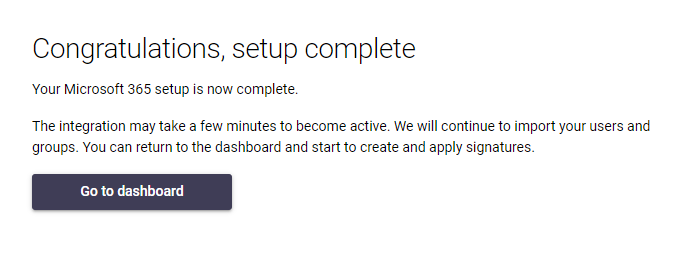 Integration setup complete screen with Go to dashboard button