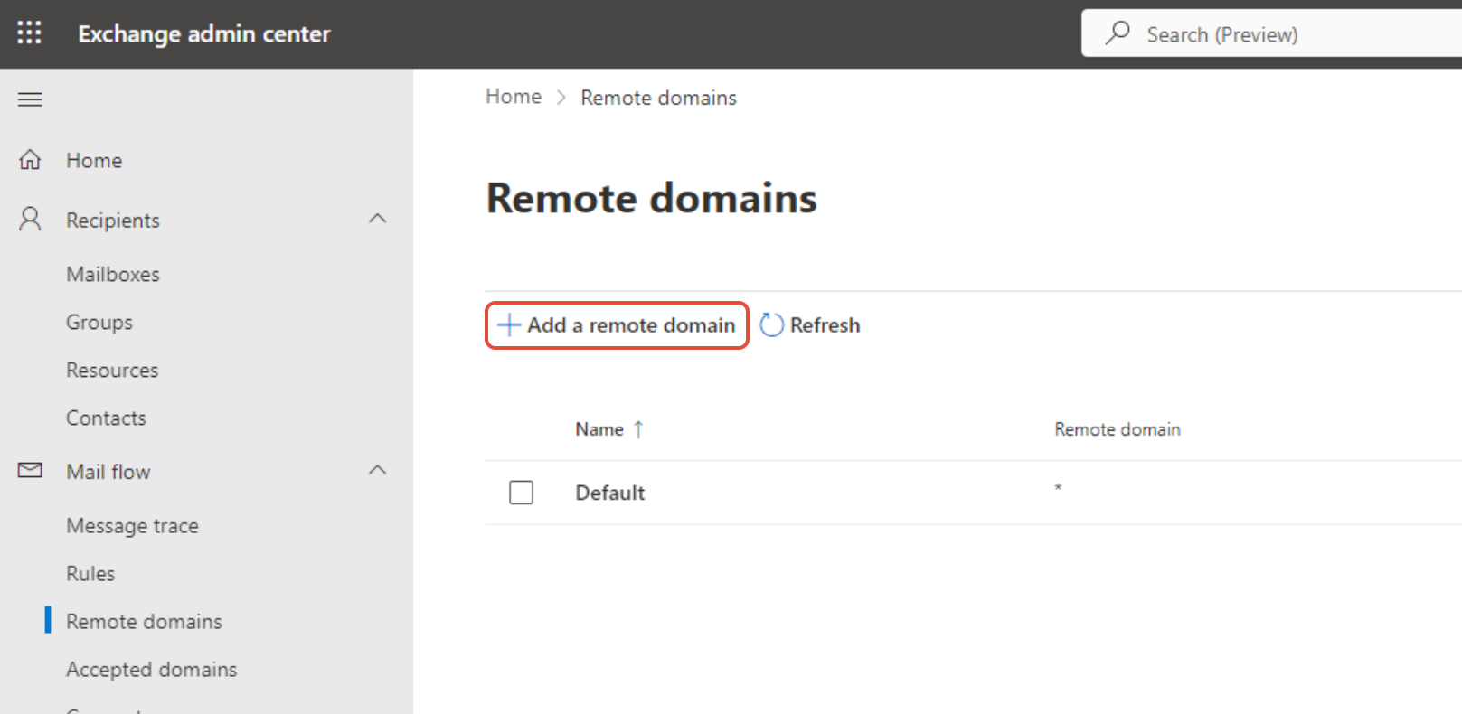 Exchange admin center Remote domains page with Add a remote domain button