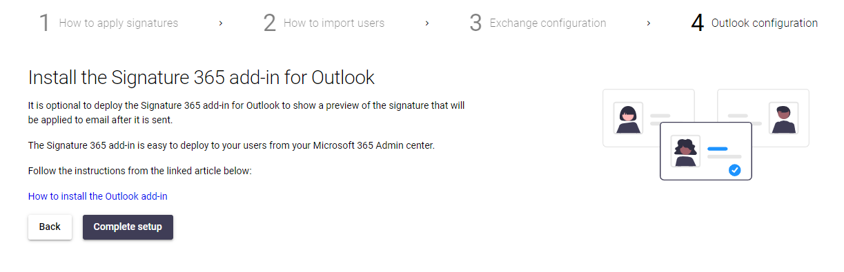 Outlook add-in installation instructions page with Complete setup button