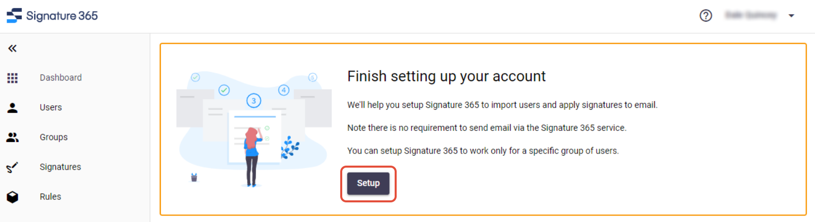 Signature 365 portal with Finish setting up your account banner and Setup button