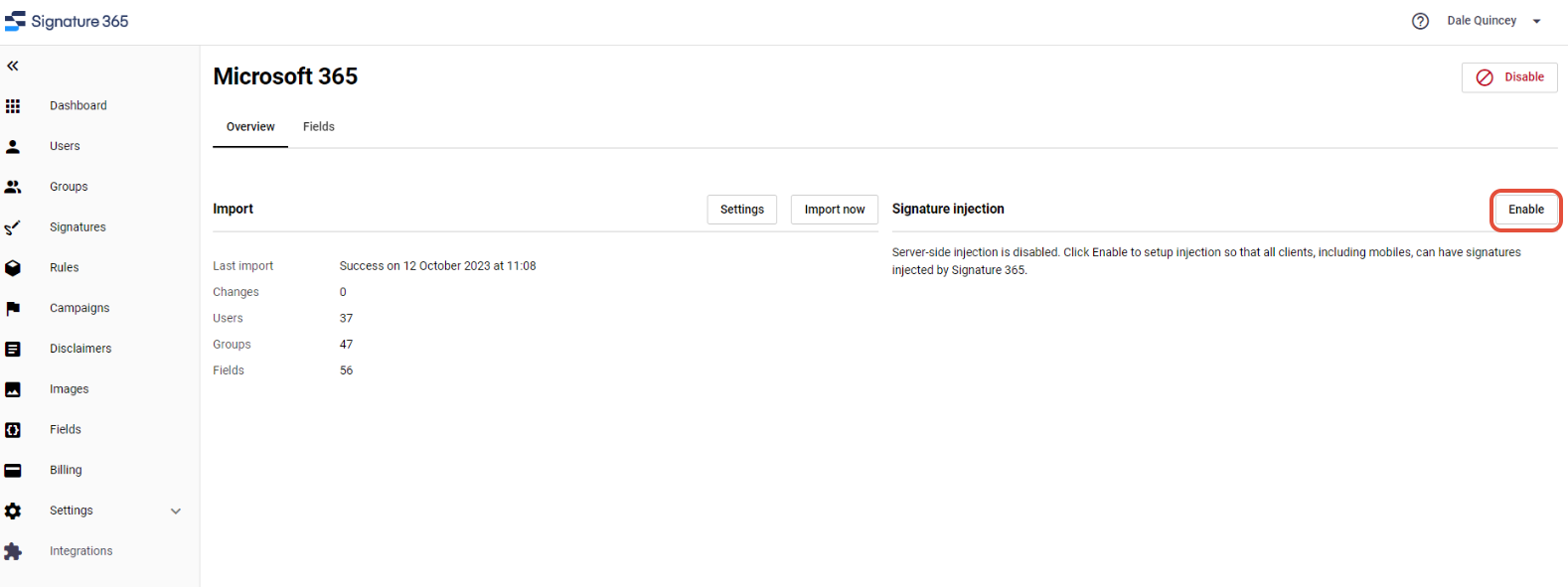Microsoft 365 integration page with Enable option for Signature injection