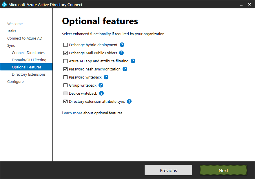 Azure AD Connect Optional Features pane with Exchange Mail Public Folders option ticked