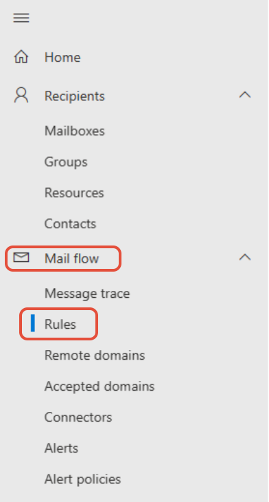 Exchange admin center Mail flow menu with Rules option selected