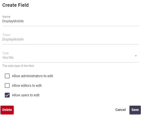 Custom field configuration for DisplayMobile Yes/No field