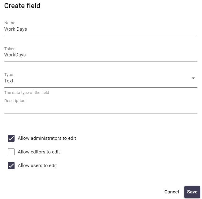 Custom field configuration for WorkDays text field with user edit enabled