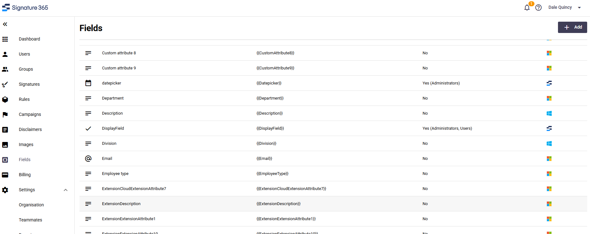 Signature 365 Fields tab displaying all imported fields from Entra ID with tokens and sources