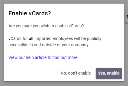 vCards feature enable confirmation dialog