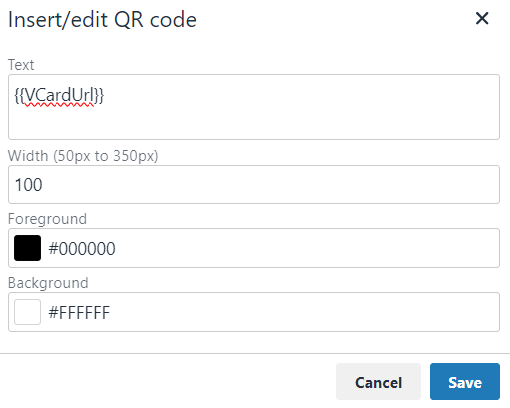 Template editor showing VCardUrl field used in a QR code
