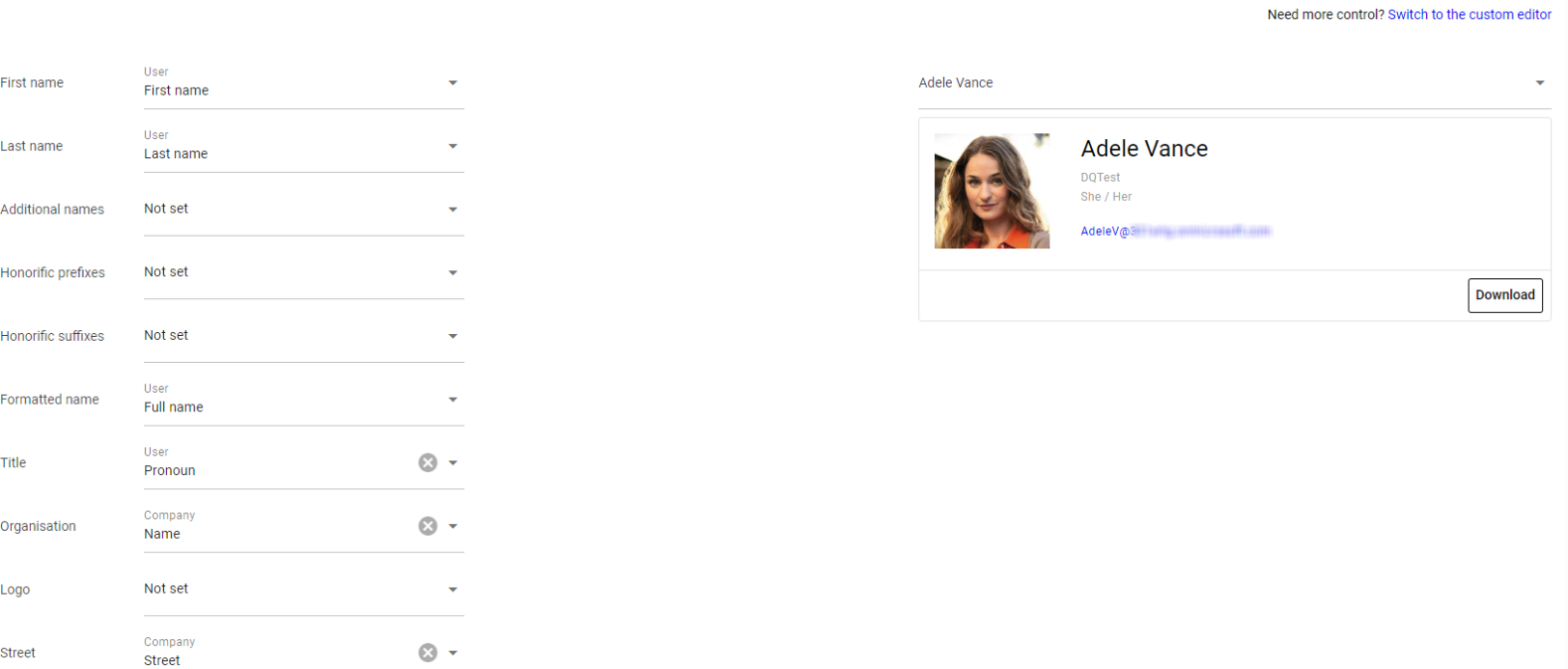 Signature 365 vCards settings page showing field configuration and vCard preview
