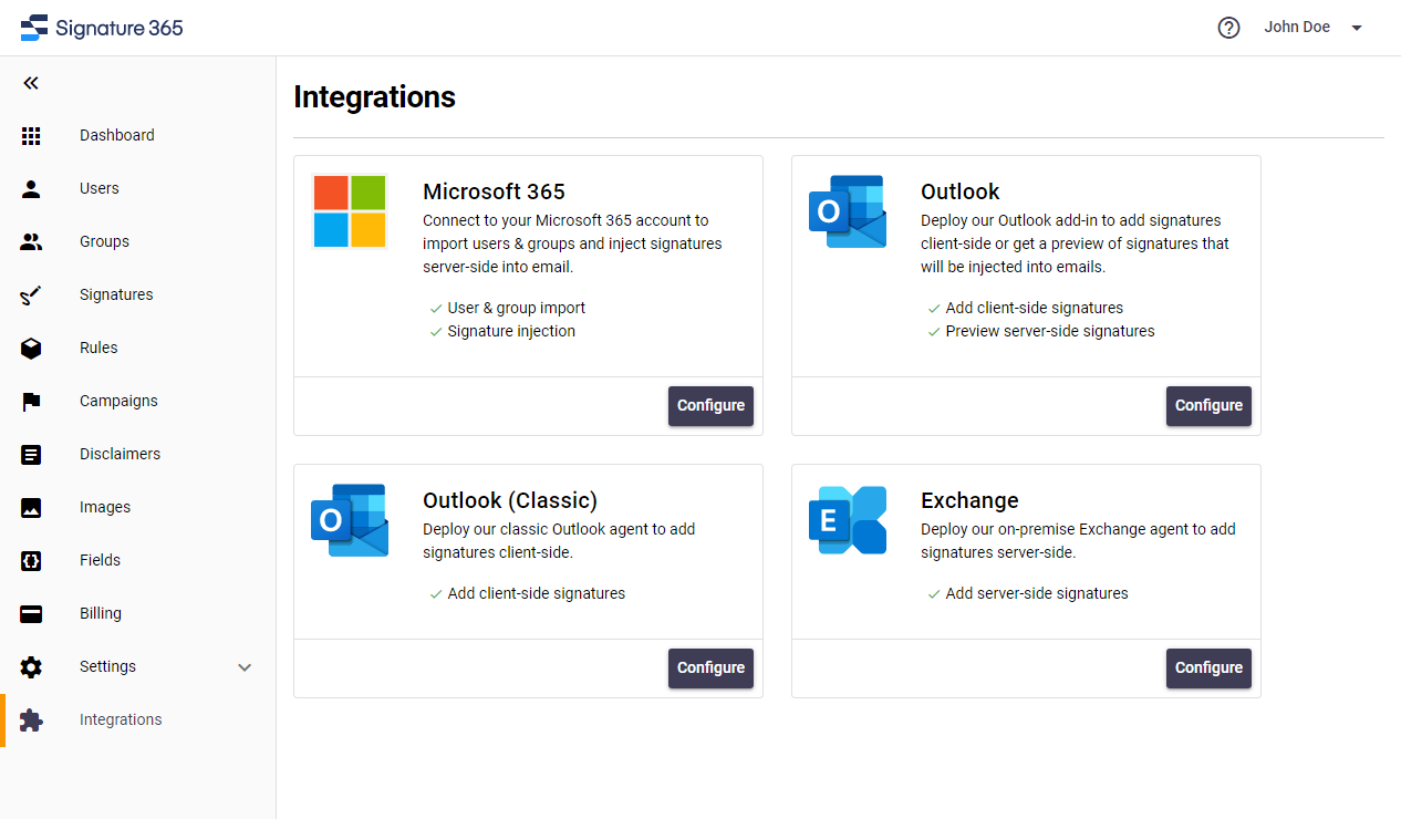 Integrations menu in the Signature 365 portal