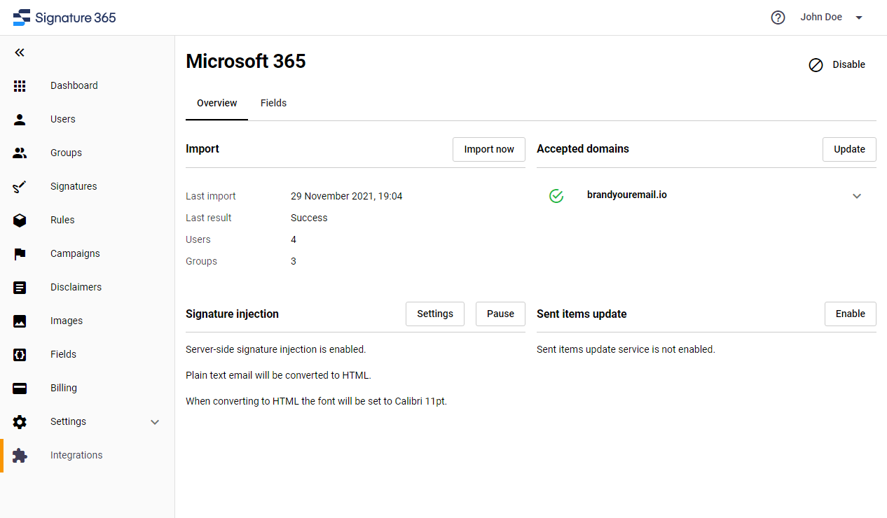 Microsoft 365 integration card with Configure button