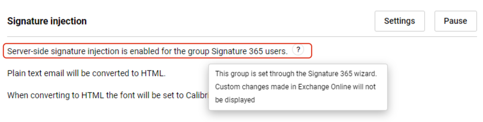 Signature 365 integration settings page showing server-side configuration