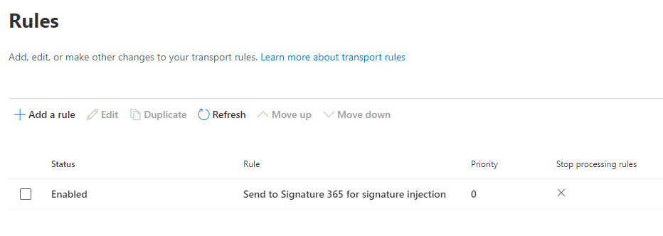 Send to Signature 365 rule in the rules list