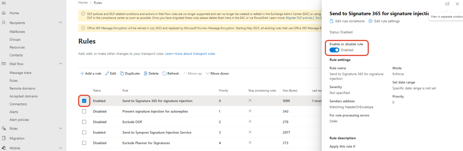 Disabling the Send to Signature 365 transport rule