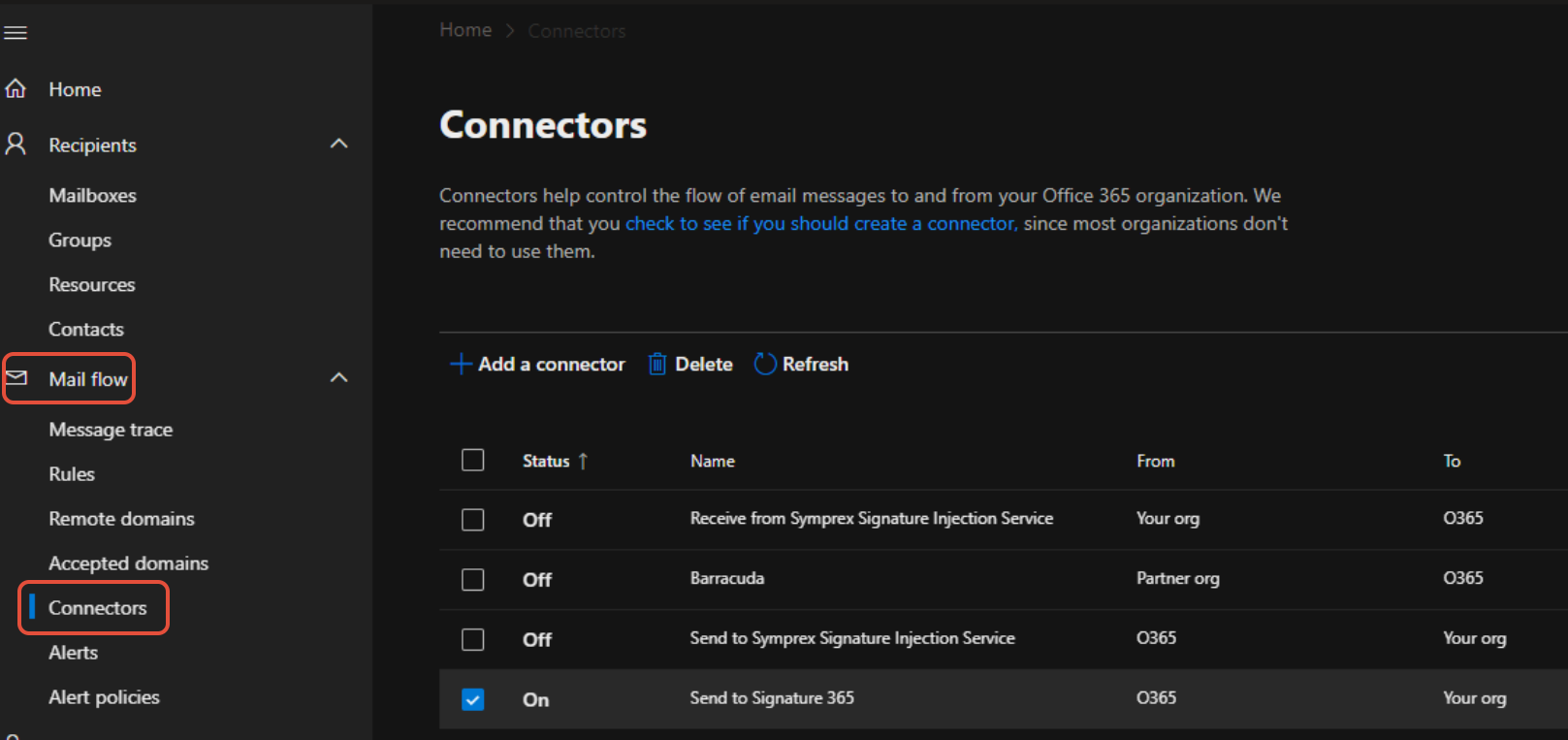 Exchange admin centre Mail flow Connectors page
