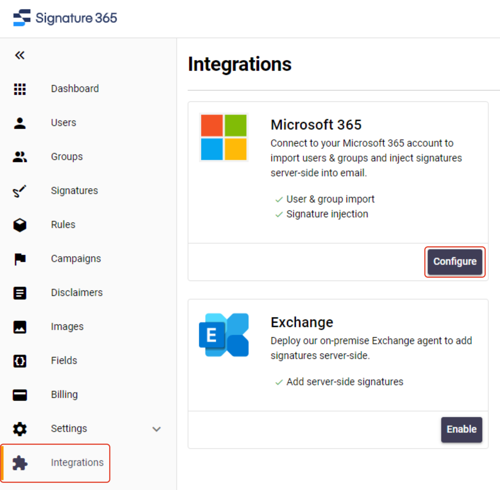 Integrations page with Microsoft 365 Configure button