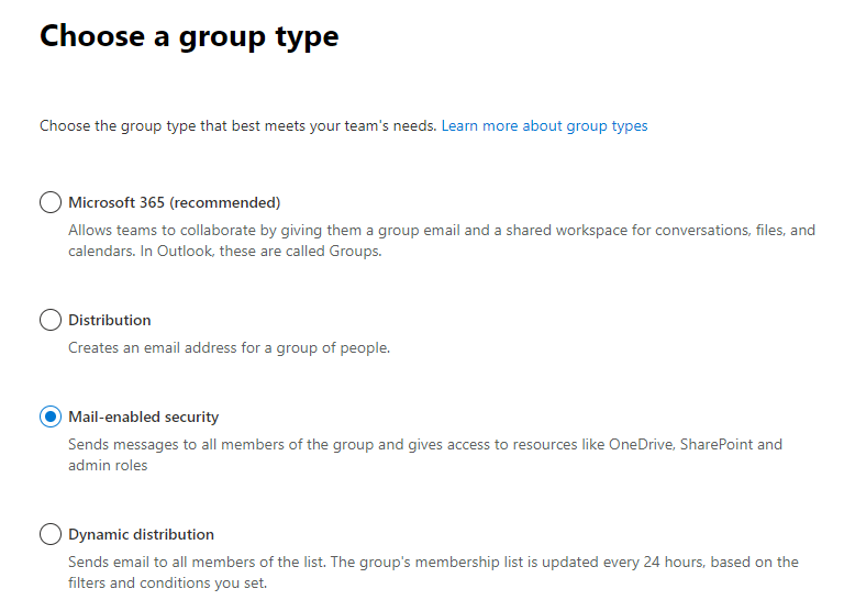 Selecting Mail-enabled security group type