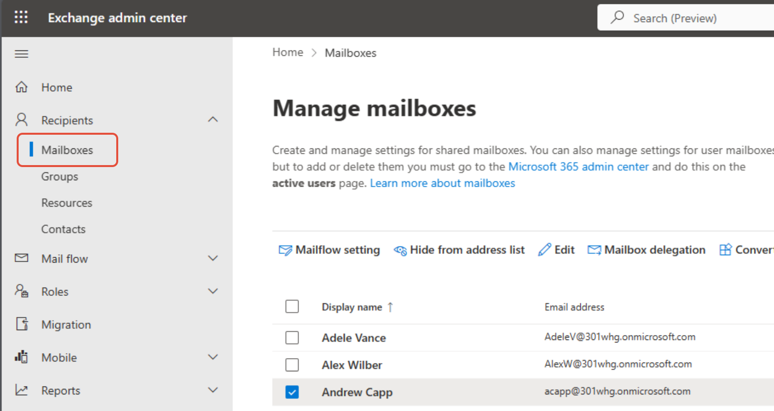Exchange admin centre Recipients Mailbox menu