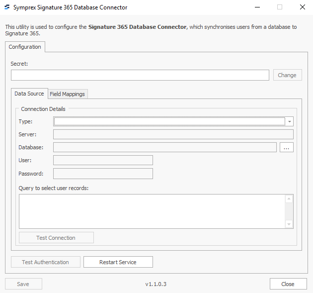 Database Connector configuration utility main screen