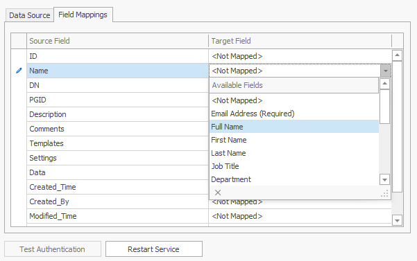 Database Connector field mappings tab