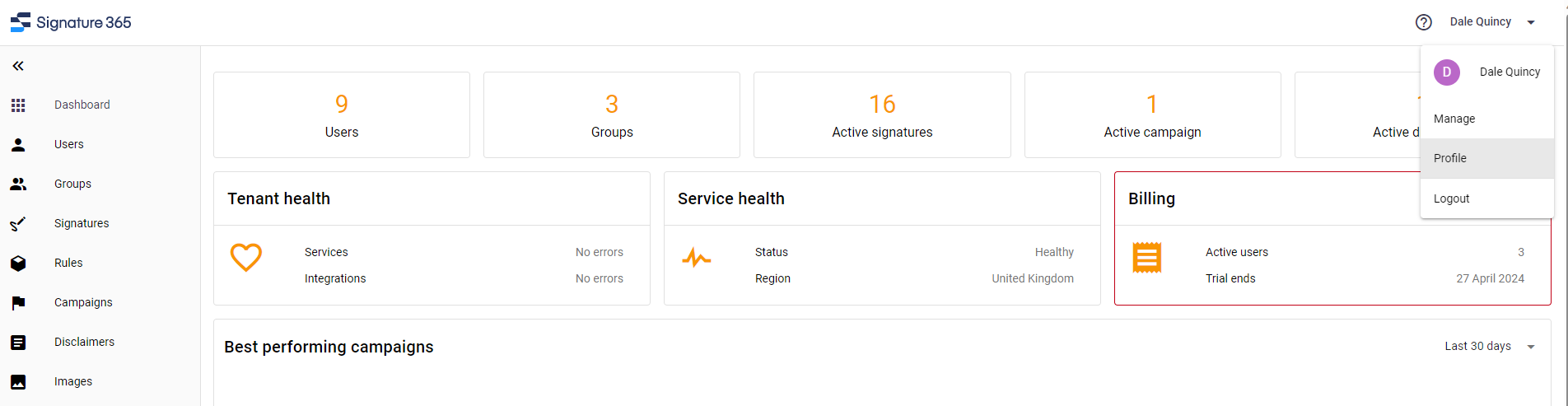 Signature 365 account menu showing the option to register an additional tenant