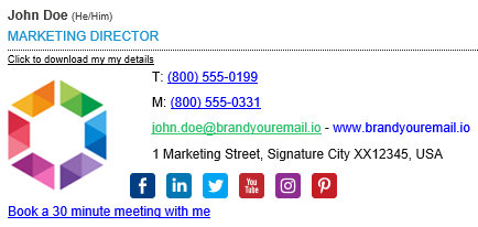 Signature 365 preview showing the signature generated for John Doe's mailbox