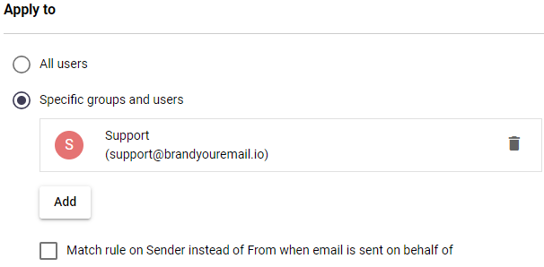 Signature 365 rule configuration for the support mailbox with Sender match unchecked