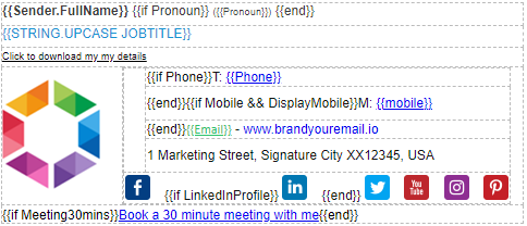 Signature 365 template editor showing Sender prefix used on the FullName field