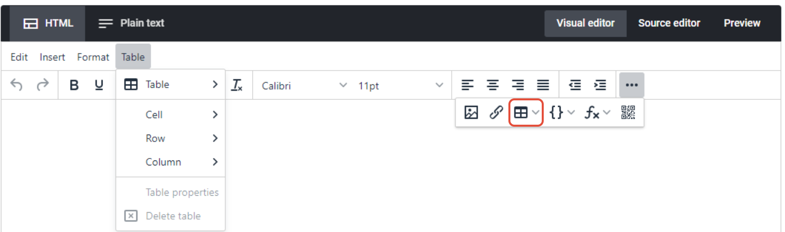Signature 365 template editor Table menu showing table insert and manipulation options